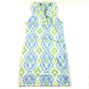 Gretchen Scott Ruffleneck Sleeveless Dress Lime Periwinkle Geo Print